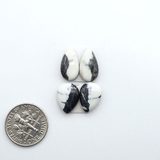 White Buffalo stone cabochons, white stone with black matrix, polished stones on a white background, with a US dime for scale