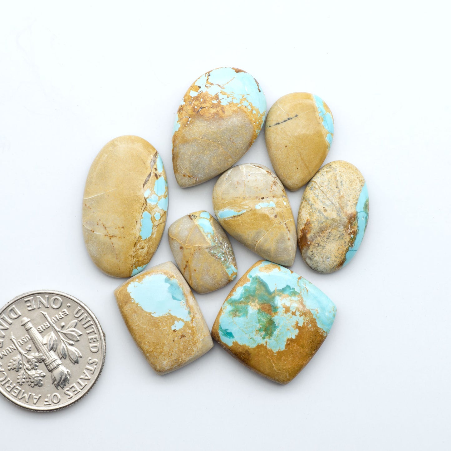 Royston Turquoise cabochons, blue-green color with natural matrix, polished stones on a white background, with a US dime for scale