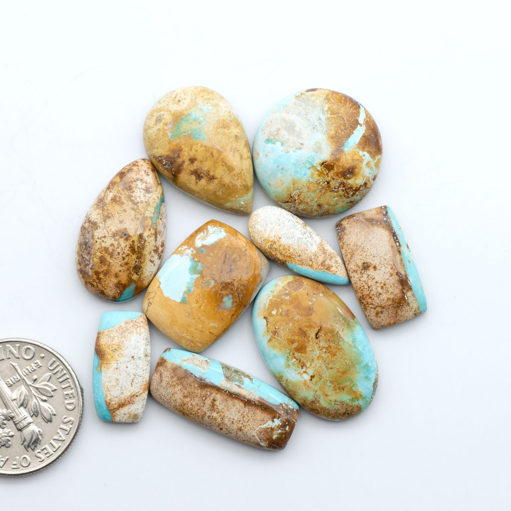 Royston Turquoise cabochons, blue-green color with natural matrix, polished stones on a white background, with a US dime for scale