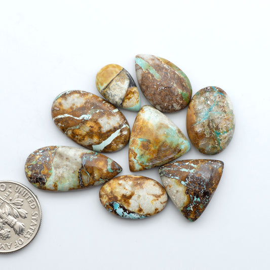 Royston Turquoise cabochons, blue-green color with natural matrix, polished stones on a white background, with a US dime for scale