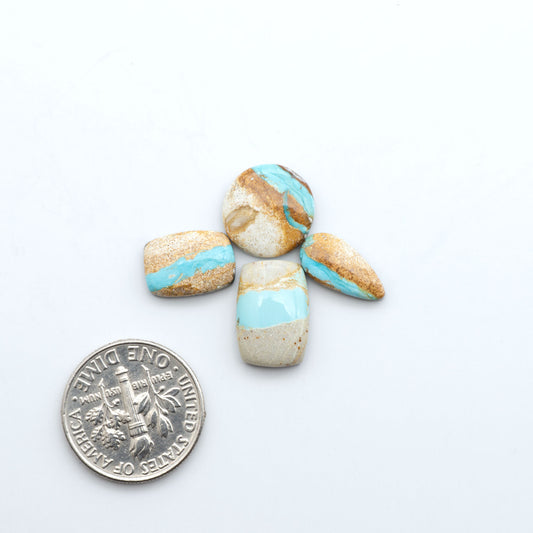 Royston Turquoise cabochons, blue-green color with natural matrix, polished stones on a white background, with a US dime for scale