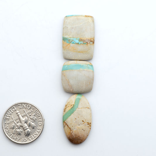 Royston Turquoise cabochons, blue-green color with natural matrix, polished stones on a white background, with a US dime for scale