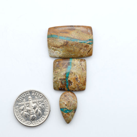 Royston Turquoise cabochons, blue-green color with natural matrix, polished stones on a white background, with a US dime for scale