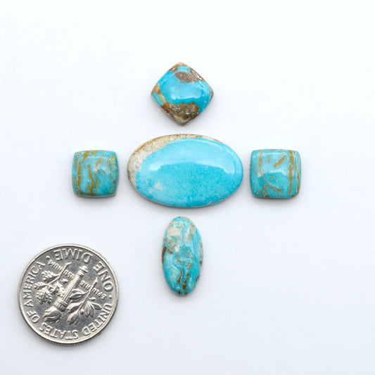 Royston Turquoise cabochons, blue-green color with natural matrix, polished stones on a white background, with a US dime for scale