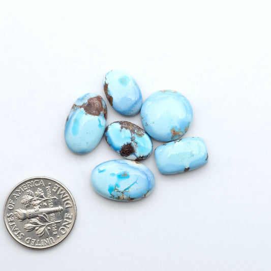 Golden Hills Turquoise cabochons, icy blue to lavender tones with chocolate matrix, polished stones on a white background with a US dime for scale