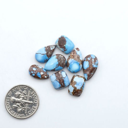 Golden Hills Turquoise cabochons, icy blue to lavender tones with chocolate matrix, polished stones on a white background with a US dime for scale