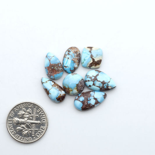 Golden Hills Turquoise cabochons, icy blue to lavender tones with chocolate matrix, polished stones on a white background with a US dime for scale