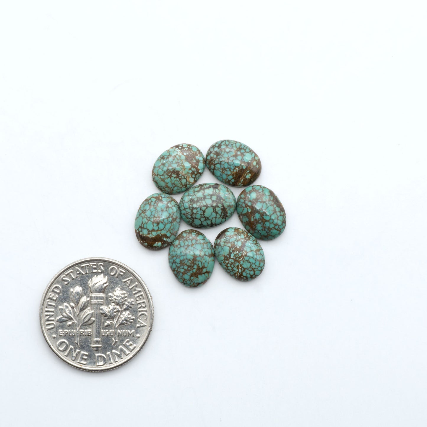 Hubei Cloud Mountain Turquoise cabochons, blue and green color with black matrix, polished stones on a white background, with a US dime for scale