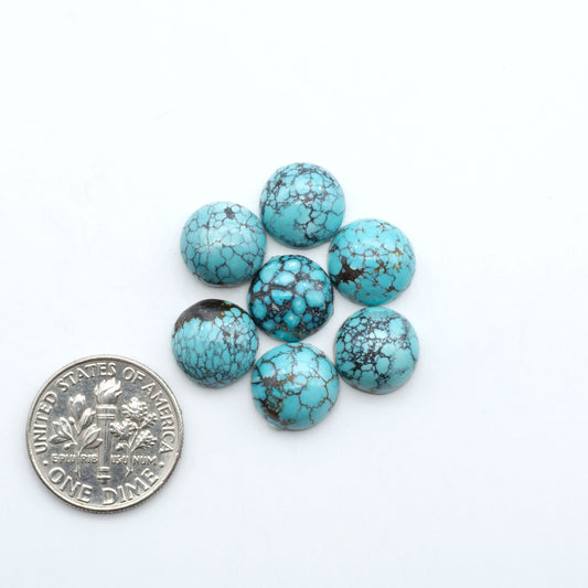 Hubei Cloud Mountain Turquoise cabochons, blue and green color with black matrix, polished stones on a white background, with a US dime for scale