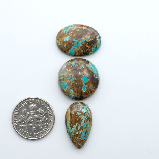 Black Jack turquoise cabochons, blue-green color with black matrix, polished stones on a white background with a US dime for scale