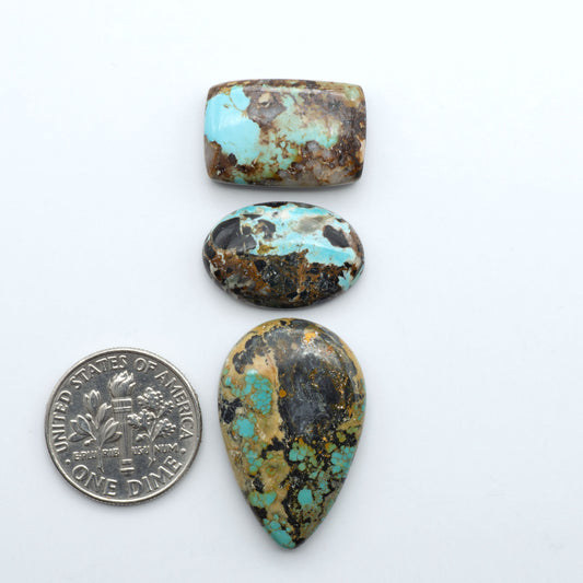Black Jack turquoise cabochons, blue-green color with black matrix, polished stones on a white background with a US dime for scale