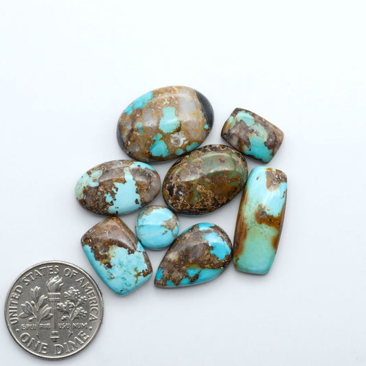 Black Jack turquoise cabochons, blue-green color with black matrix, polished stones on a white background with a US dime for scale
