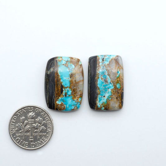 Black Jack turquoise cabochons, blue-green color with black matrix, polished stones on a white background with a US dime for scale