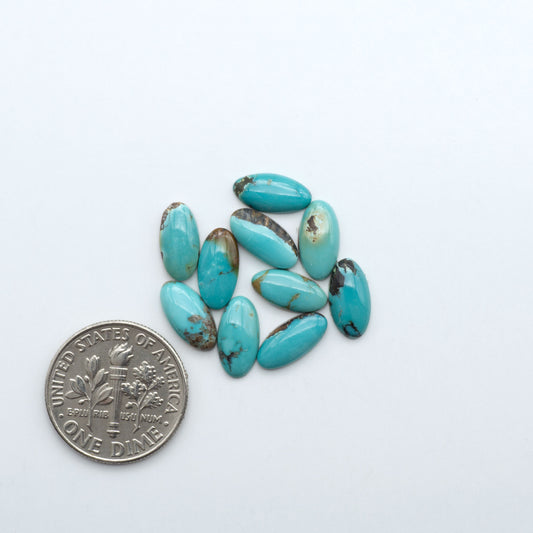 Hubei Cloud Mountain Turquoise cabochons, blue and green color with black matrix, polished stones on a white background with a US dime for scale