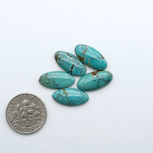 Hubei Cloud Mountain Turquoise cabochons, blue and green color with black matrix, polished stones on a white background with a US dime for scale