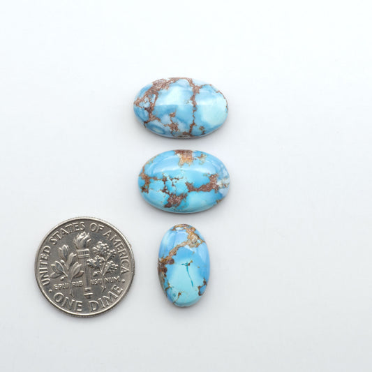 Golden Hills Turquoise cabochons, icy blue to lavender tones with chocolate matrix, polished stones on a white background with a US dime for scale
