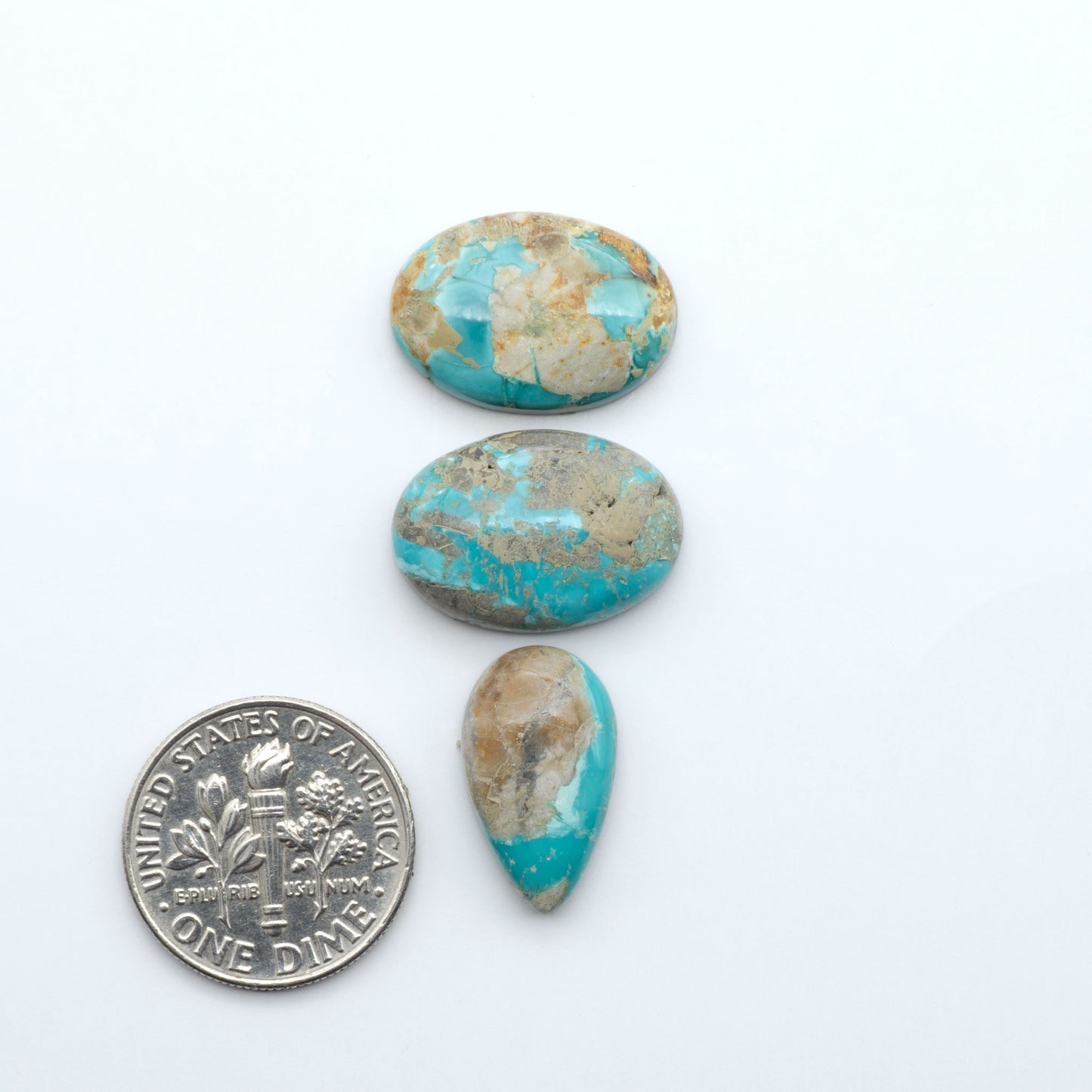 Fox Turquoise cabochons, polished gemstones with natural matrix on a white background, with a US dime for scale