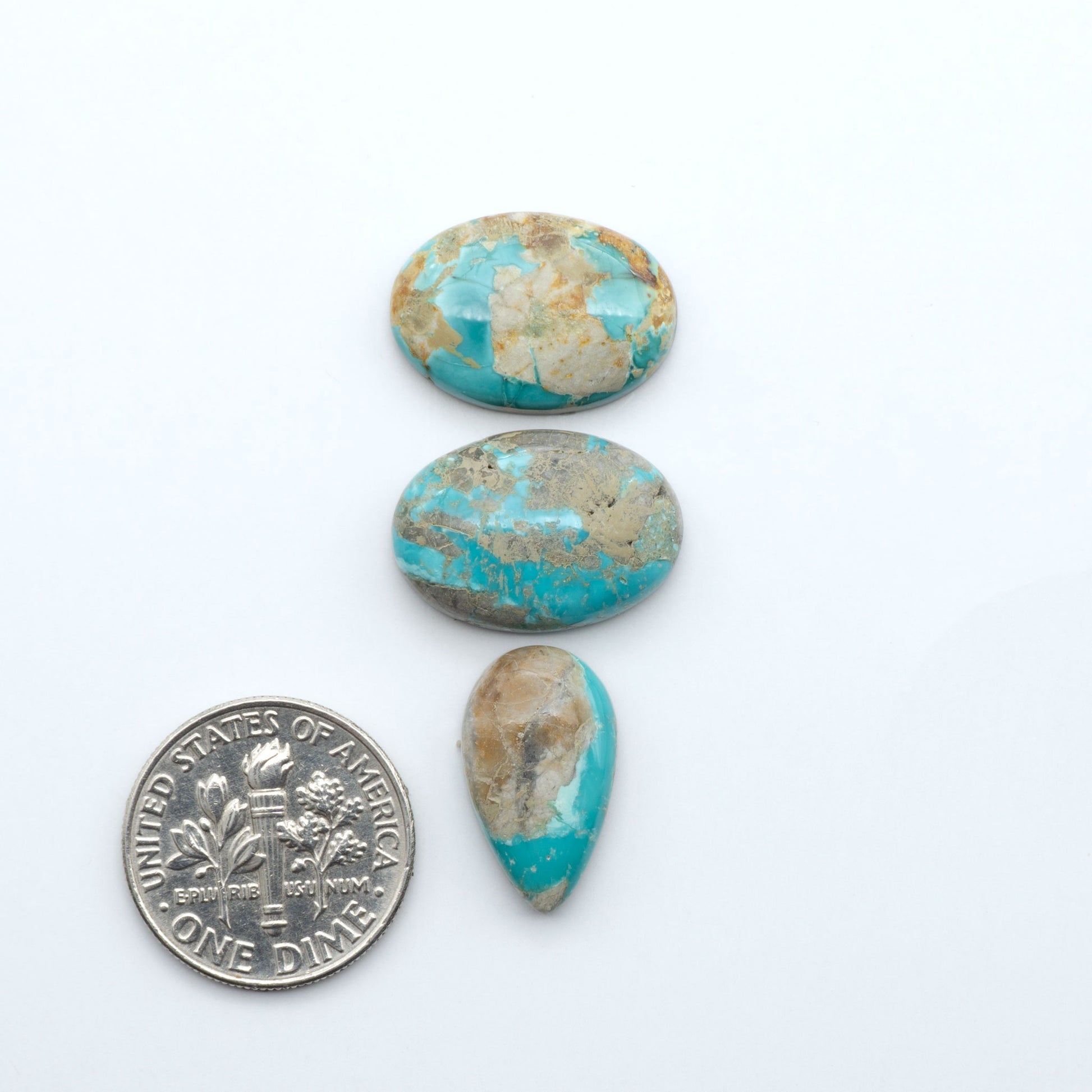 Fox Turquoise cabochons, polished gemstones with natural matrix on a white background, with a US dime for scale
