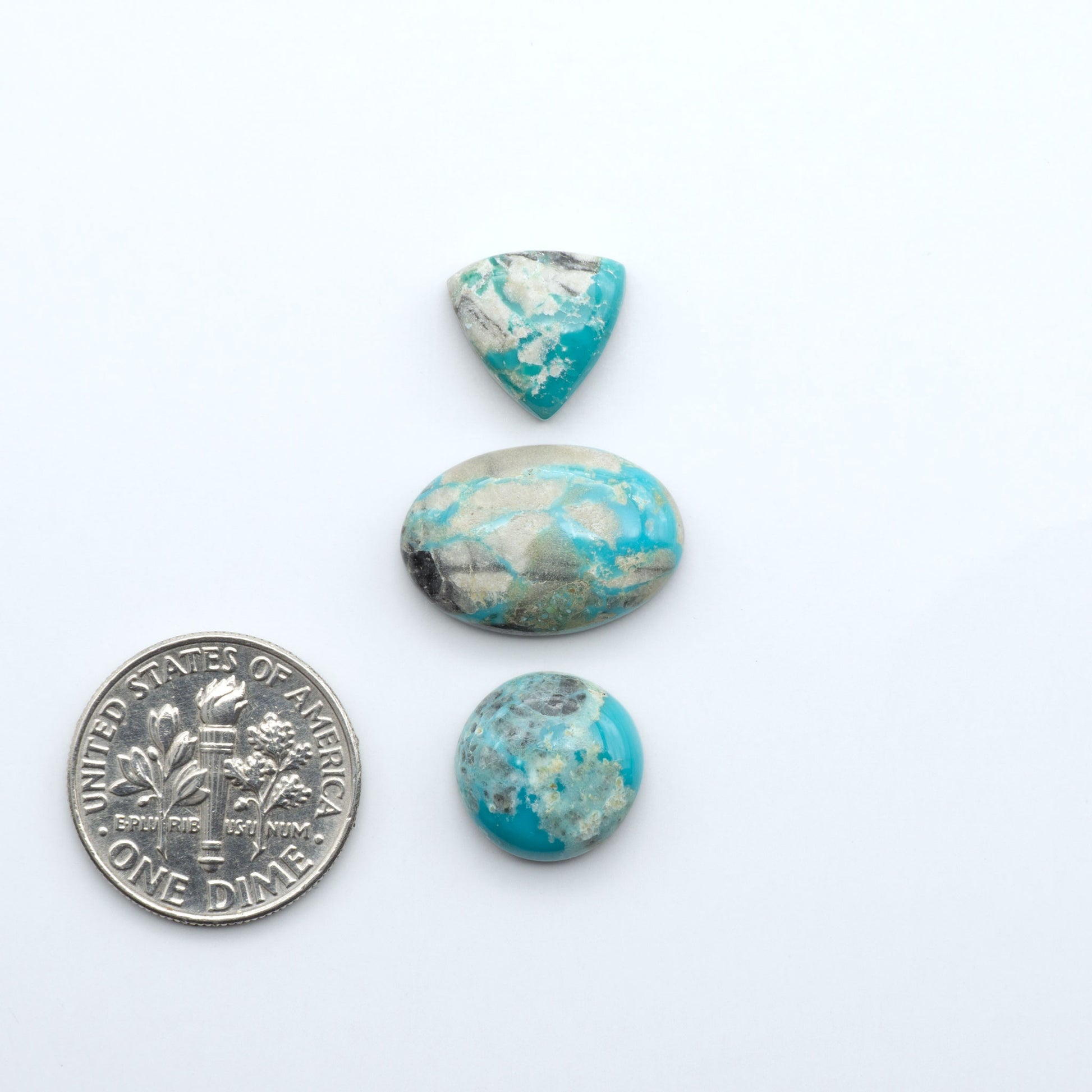 Fox Turquoise cabochons, polished gemstones with natural matrix on a white background, with a US dime for scale