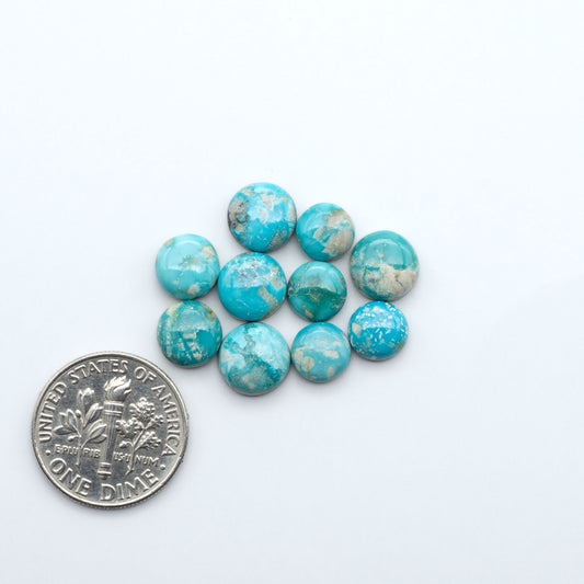Fox Turquoise cabochons, polished gemstones with natural matrix on a white background, with a US dime for scale