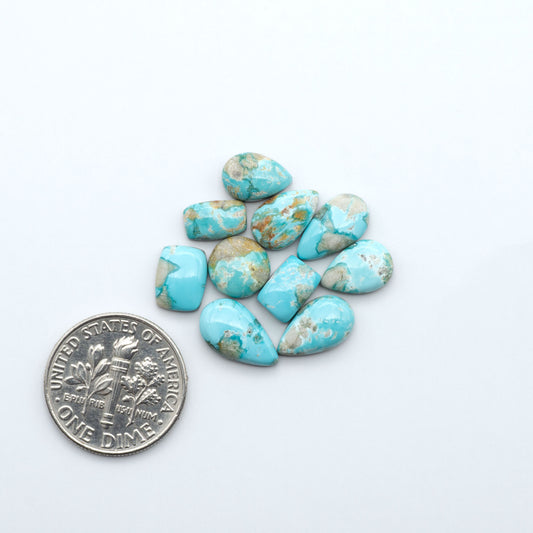 Fox Turquoise cabochons, polished gemstones with natural matrix on a white background, with a US dime for scale