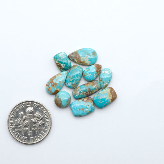 Fox Turquoise cabochons, polished gemstones with natural matrix on a white background, with a US dime for scale
