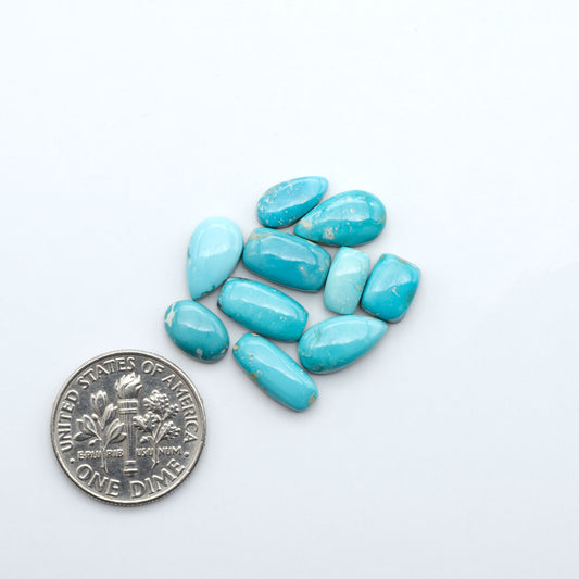 Fox Turquoise cabochons, polished gemstones with natural matrix on a white background, with a US dime for scale