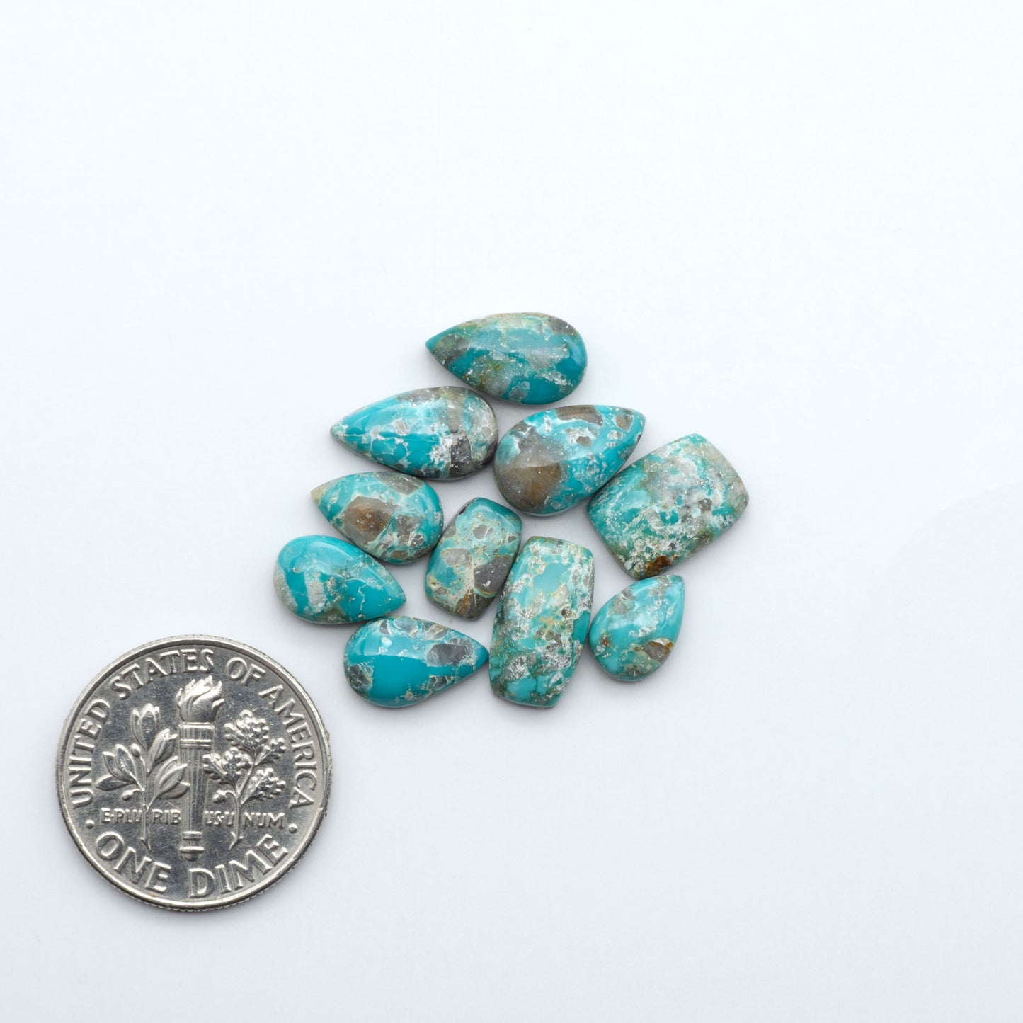 Fox Turquoise cabochons, polished gemstones with natural matrix on a white background, with a US dime for scale