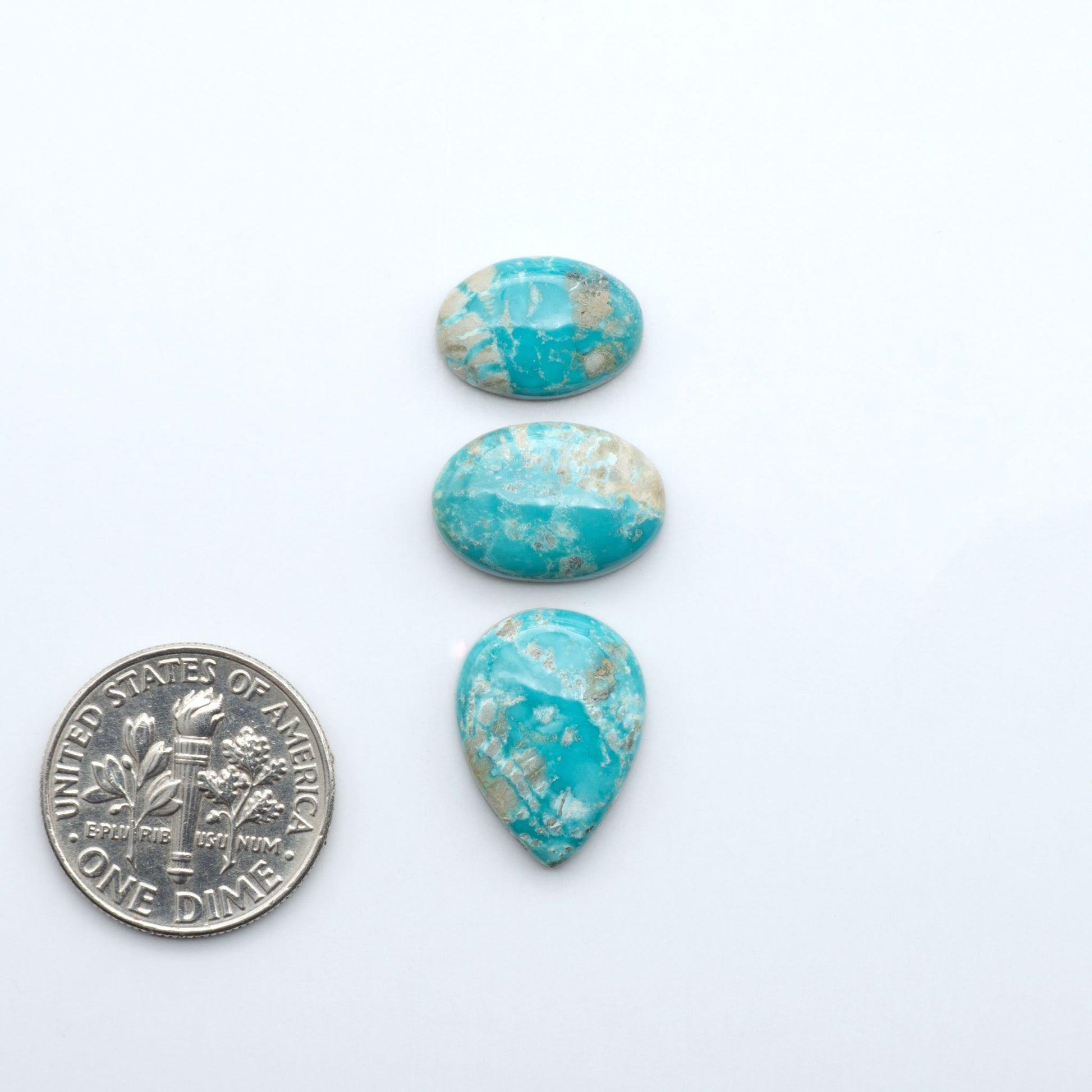 Fox Turquoise cabochons, polished gemstones with natural matrix on a white background, with a US dime for scale