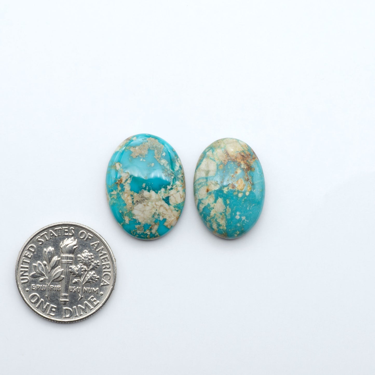 Fox Turquoise cabochons, polished gemstones with natural matrix on a white background, with a US dime for scale