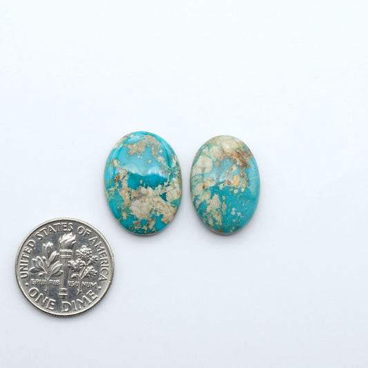 Fox Turquoise cabochons, polished gemstones with natural matrix on a white background, with a US dime for scale
