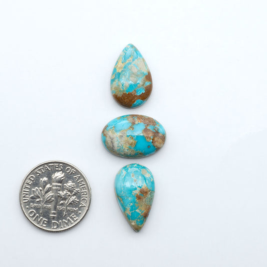 Fox Turquoise cabochons, polished gemstones with natural matrix on a white background, with a US dime for scale