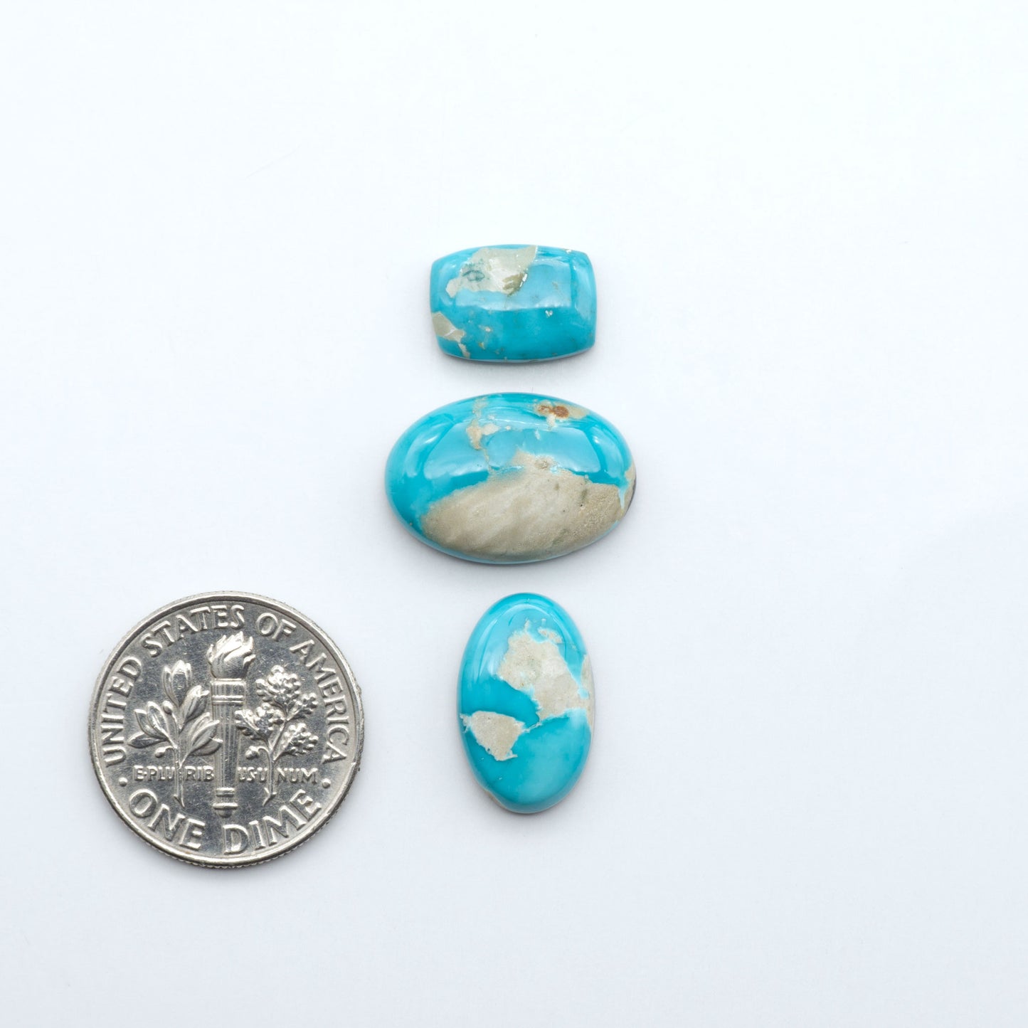Fox Turquoise cabochons, polished gemstones with natural matrix on a white background, with a US dime for scale