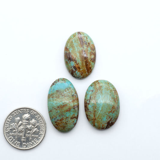 Number 8 Turquoise cabochons, blue and green color with brown matrix, polished stones on a white background, with a US dime for scale