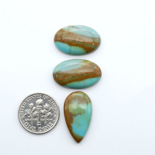 Number 8 Turquoise cabochons, blue and green color with brown matrix, polished stones on a white background, with a US dime for scale