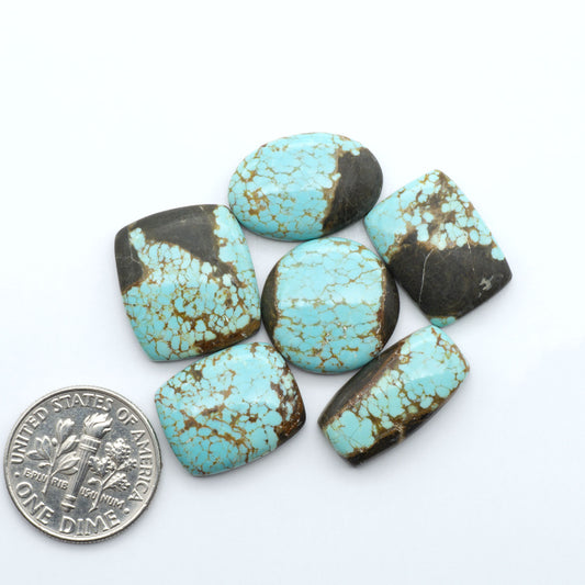 Number 8 Turquoise cabochons, blue and green color with brown matrix, polished stones on a white background, with a US dime for scale