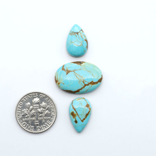 Number 8 Turquoise cabochons, blue and green color with brown matrix, polished stones on a white background, with a US dime for scale