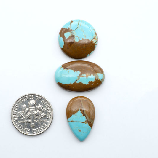 Number 8 Turquoise cabochons, blue and green color with brown matrix, polished stones on a white background, with a US dime for scale