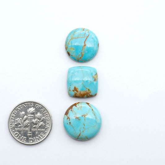Number 8 Turquoise cabochons, blue and green color with brown matrix, polished stones on a white background, with a US dime for scale