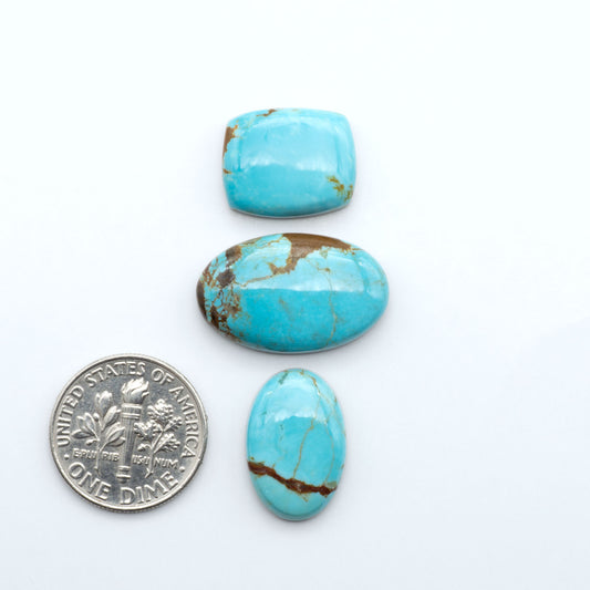 Number 8 Turquoise cabochons, blue and green color with brown matrix, polished stones on a white background, with a US dime for scale