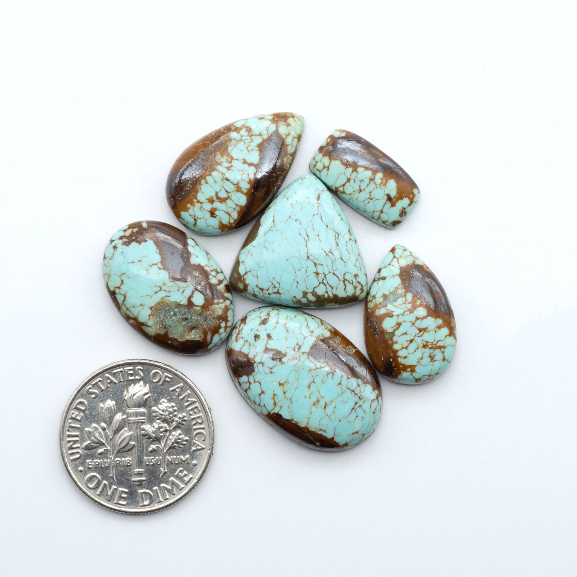 Number 8 Turquoise cabochons, blue and green color with brown matrix, polished stones on a white background, with a US dime for scale