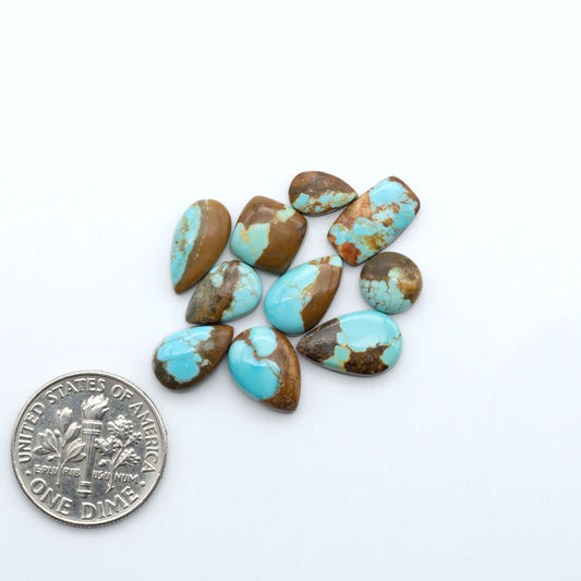 Number 8 Turquoise cabochons, blue and green color with brown matrix, polished stones on a white background, with a US dime for scale