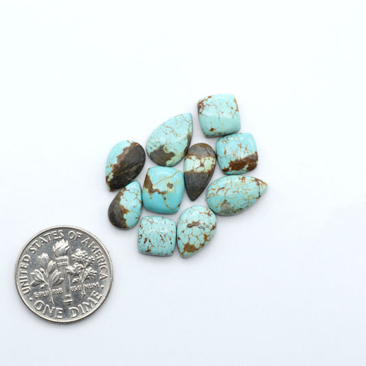 Number 8 Turquoise cabochons, blue and green color with brown matrix, polished stones on a white background, with a US dime for scale