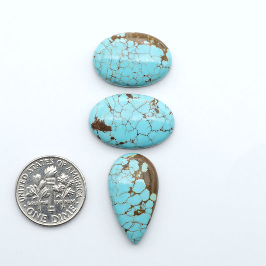 Number 8 Turquoise cabochons, blue and green color with brown matrix, polished stones on a white background, with a US dime for scale
