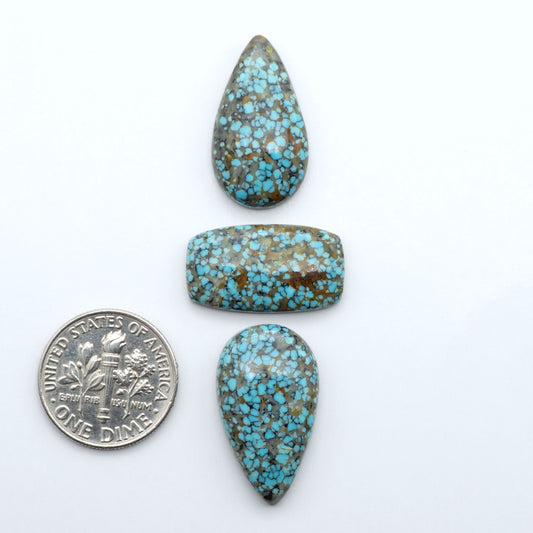 Number 8 Turquoise cabochons, blue and green color with brown matrix, polished stones on a white background, with a US dime for scale
