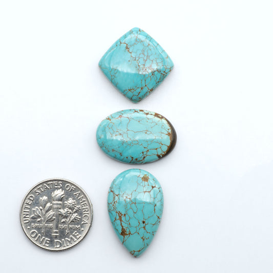 Number 8 Turquoise cabochons, blue and green color with brown matrix, polished stones on a white background, with a US dime for scale
