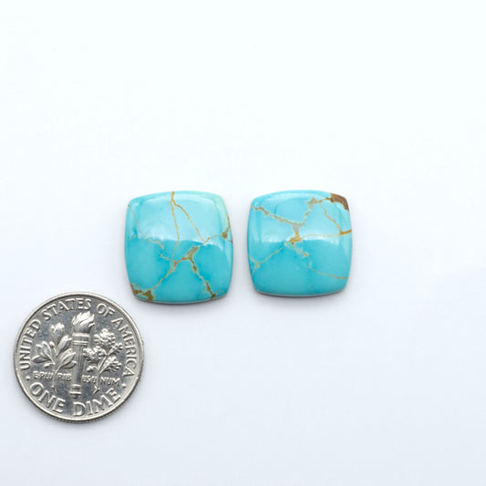 Number 8 Turquoise cabochons, blue and green color with brown matrix, polished stones on a white background, with a US dime for scale