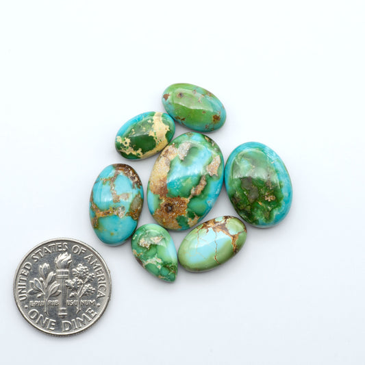 Sonoran Mountain Turquoise cabochons, blue-green color with natural matrix, polished stones on a white background, with a US dime for scale