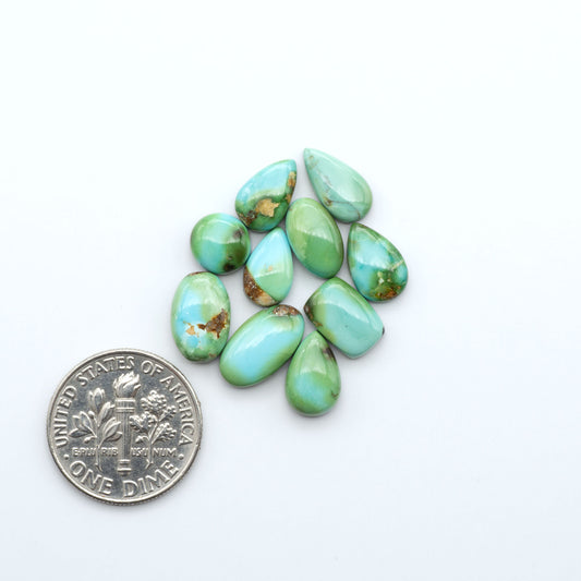 Sonoran Mountain Turquoise cabochons, blue-green color with natural matrix, polished stones on a white background, with a US dime for scale