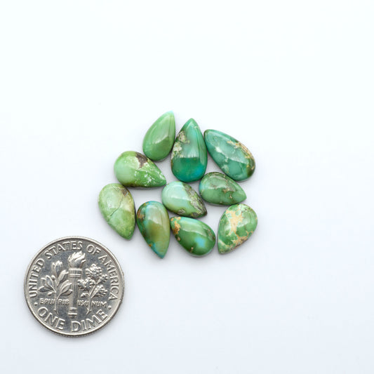 Sonoran Mountain Turquoise cabochons, blue-green color with natural matrix, polished stones on a white background, with a US dime for scale